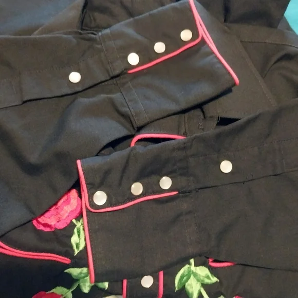 VTG Karman Cowboy Western Peal Snap Embroidered Floral Roses Shirt 80s Mens - Picture 8 of 10